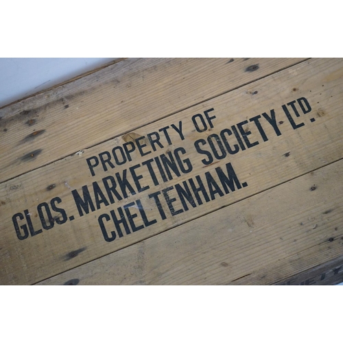 506 - Early to Mid century Pine Lidded Crate stamped to top and sides ' Property of Glos. Marketing Societ... 