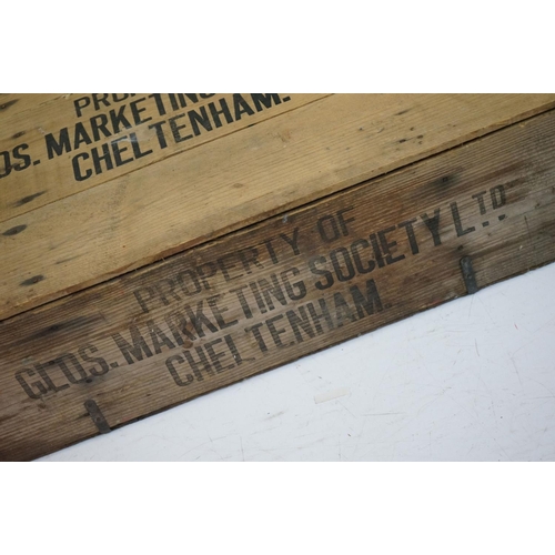 506 - Early to Mid century Pine Lidded Crate stamped to top and sides ' Property of Glos. Marketing Societ... 