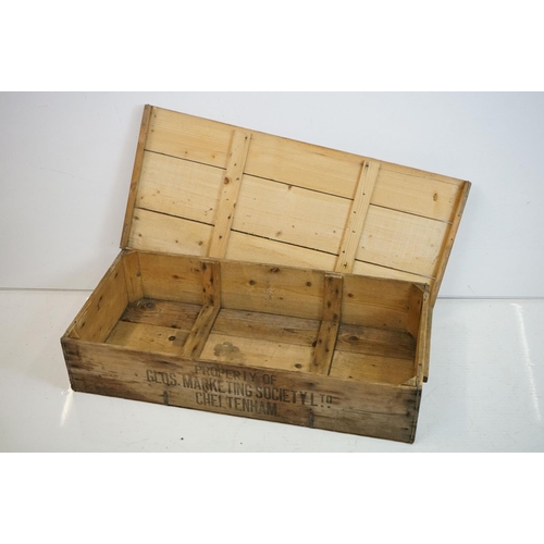 506 - Early to Mid century Pine Lidded Crate stamped to top and sides ' Property of Glos. Marketing Societ... 