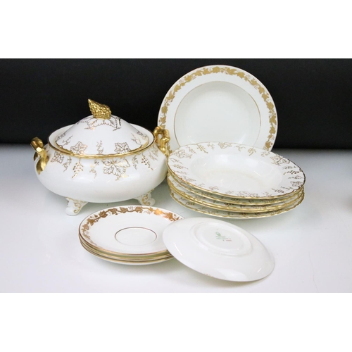 105 - Royal Crown Derby 'Vine' pattern gilt dinnerware (tureen & cover, 8 dinner plates, 9 side plates, 10... 