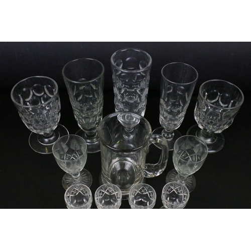 110 - Group of mixed glassware to include 2 x 19th century pressed glass rummers, 3 x 19th century footed ... 