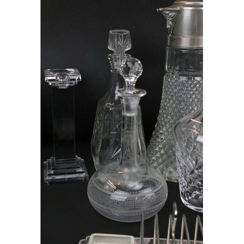 115 - Collection of 20th century glassware to include 2 claret jugs with silver plated mounts, 7 decanters... 