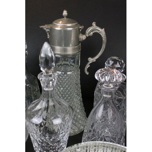 115 - Collection of 20th century glassware to include 2 claret jugs with silver plated mounts, 7 decanters... 