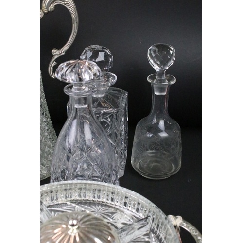 115 - Collection of 20th century glassware to include 2 claret jugs with silver plated mounts, 7 decanters... 