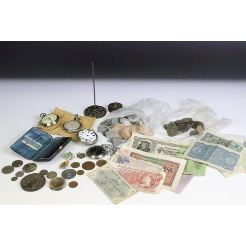 280 - A box of mixed collectables to include Banknotes, coins , pocket watches, tokens.....etc.