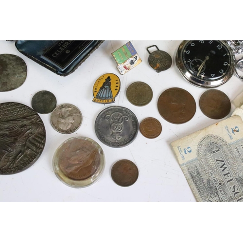 280 - A box of mixed collectables to include Banknotes, coins , pocket watches, tokens.....etc.