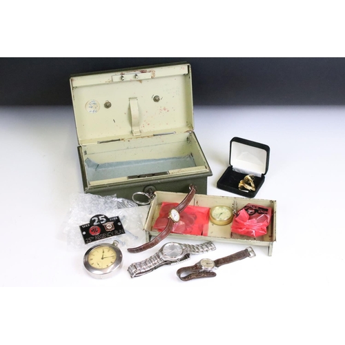 281 - A small box of mixed collectables to include wristwatches, pocket watches, coins, token cufflinks...... 