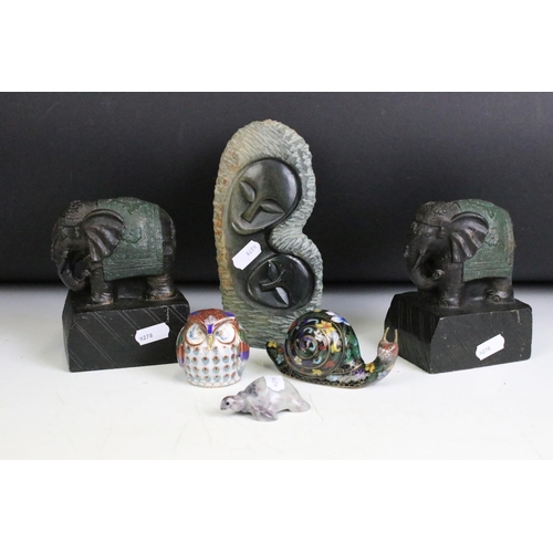 296 - A small box of mixed collectables to include a pair of cast metal elephants, two cloisonné figures a... 