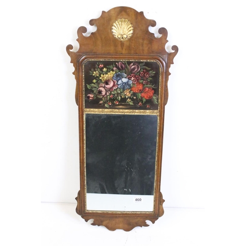 460 - Edwardian Mahogany and Parcel Gilt Fretwork Carved Wall Mirror with a panel painted with still life ... 