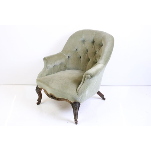 497 - 19th century Green Button Back Upholstered Tub Armchair, raised on carved front legs with castors, 6... 