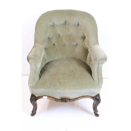 497 - 19th century Green Button Back Upholstered Tub Armchair, raised on carved front legs with castors, 6... 