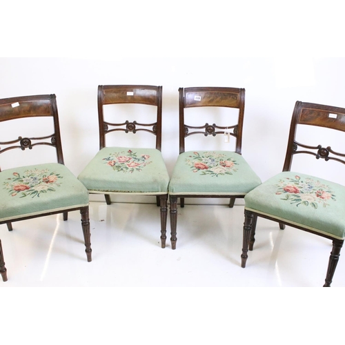 499 - Four Regency Mahogany Dining Chairs, near matching set, all the stuff over seats with needlepoint up... 