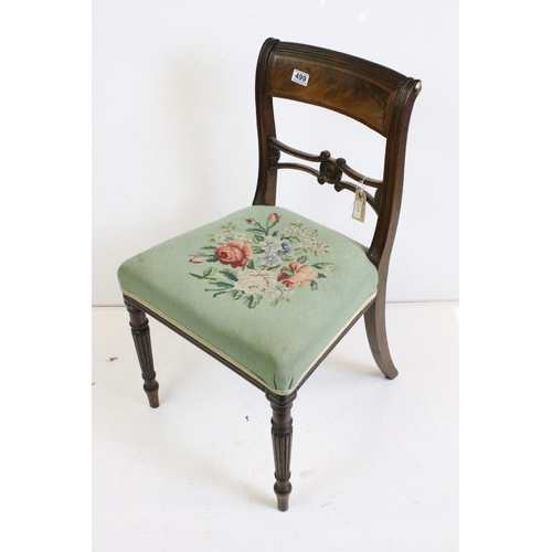 499 - Four Regency Mahogany Dining Chairs, near matching set, all the stuff over seats with needlepoint up... 