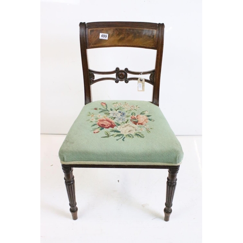 499 - Four Regency Mahogany Dining Chairs, near matching set, all the stuff over seats with needlepoint up... 