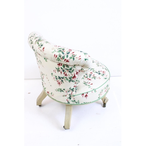 543 - Late 19th / Early 20th century Low Bedroom Chair, the button back and circular seat with ivory groun... 