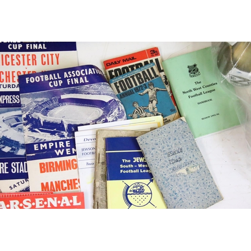 604 - Football memorabilia boxes, comprises of sticker albums, coin collections, assorted handbook, annual... 