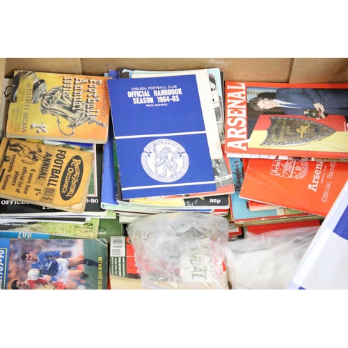 604 - Football memorabilia boxes, comprises of sticker albums, coin collections, assorted handbook, annual... 