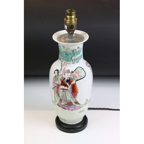 23 - Chinese famille verte lamp base featuring immortals in a landscape scene with hand applied colours a... 