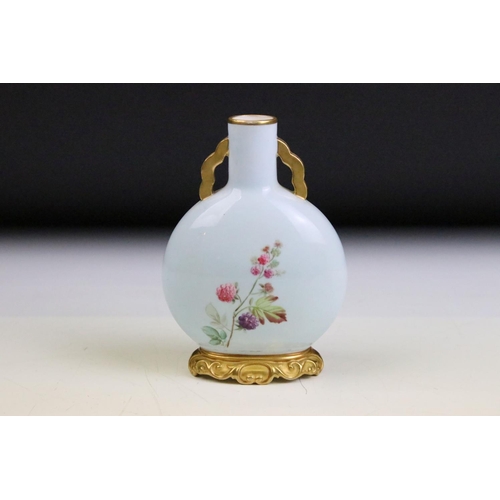 6 - 19th Century Royal Worcester small moon flask vase having a blue ground hand painted with floral spr... 