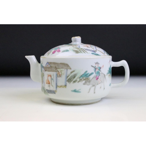 9 - Two 19th Century Chinese tea pots. The first of domed form with hand painted interior domestic scene... 