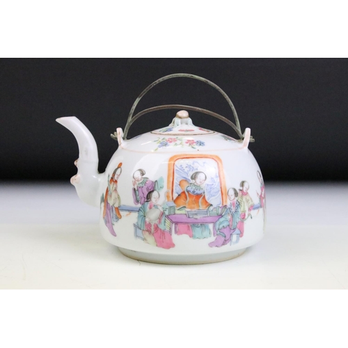 9 - Two 19th Century Chinese tea pots. The first of domed form with hand painted interior domestic scene... 