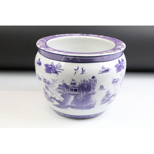 38 - Pair of 20th Century Chinese planter pots. Each having purple printed landscape scenes to the sides ... 