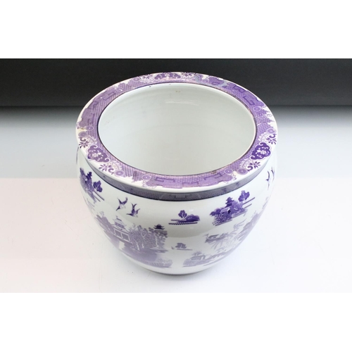 38 - Pair of 20th Century Chinese planter pots. Each having purple printed landscape scenes to the sides ... 