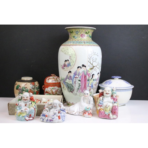 44 - Assorted Chinese ceramics to include a 20th Century famille verte vase, three laughing buddha figuri... 