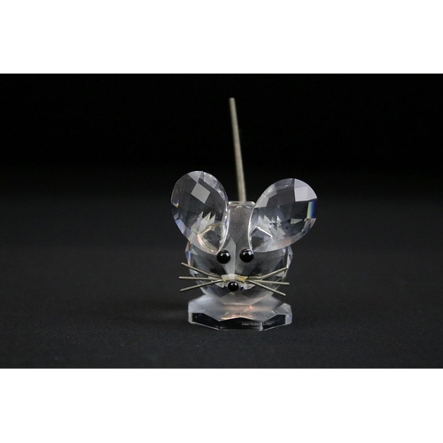 65 - Group of Swarovski crystal animals to include two mice, a cat, a hedgehog and a swan all marked Swar... 