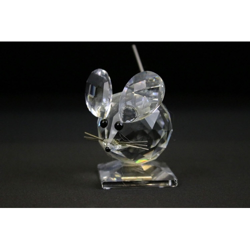 65 - Group of Swarovski crystal animals to include two mice, a cat, a hedgehog and a swan all marked Swar... 