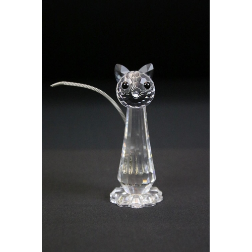 65 - Group of Swarovski crystal animals to include two mice, a cat, a hedgehog and a swan all marked Swar... 