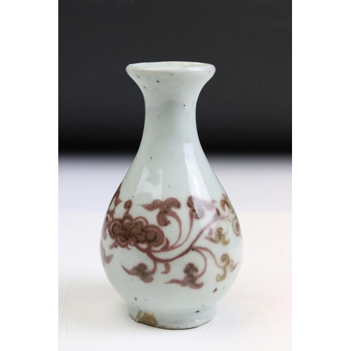 77 - Chinese small baluster vase having a blue glaze with red foliate detailing together with a Chinese r... 