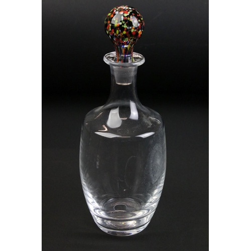 80 - Murano glass decanter and glass set to include five glasses with mottled coloured glass knops to the... 