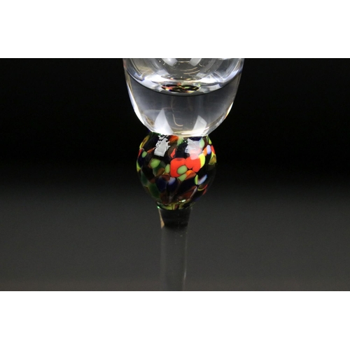 80 - Murano glass decanter and glass set to include five glasses with mottled coloured glass knops to the... 