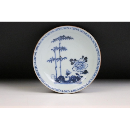 81 - Nanking Cargo Chinese blue and white dish having hand painted bamboo and peony detailing with brown ... 