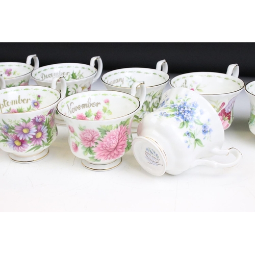 83 - Set of twelve Royal Albert Flower of the Month tea cups and saucers. Each marked to the bases.