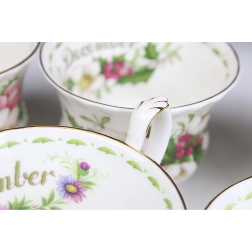 83 - Set of twelve Royal Albert Flower of the Month tea cups and saucers. Each marked to the bases.