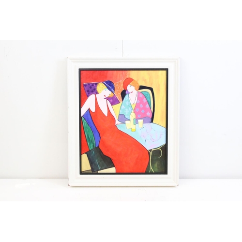 448 - Framed modernist oil painting portrait ladies taking an aperitif, 57cm x 47cm