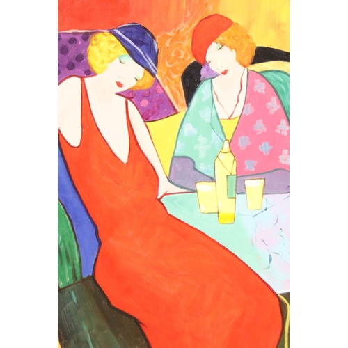 448 - Framed modernist oil painting portrait ladies taking an aperitif, 57cm x 47cm