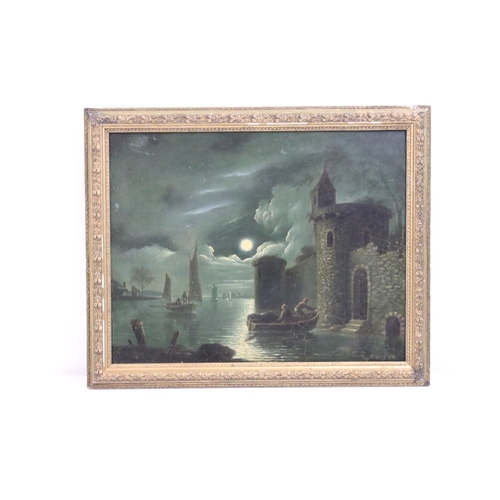 455 - Tiebout Regters 1710-1768 attributed oil on panel boatmen by moonlight by castle keep signed and dat... 