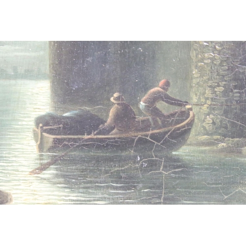 455 - Tiebout Regters 1710-1768 attributed oil on panel boatmen by moonlight by castle keep signed and dat... 