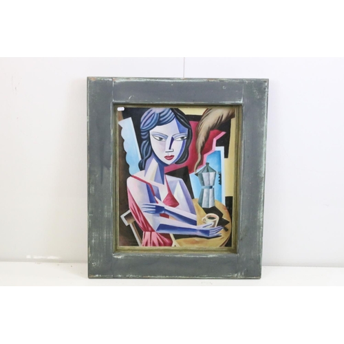 456 - Cubist oil painting portrait of a lady at coffee time, 53cm x 45cm