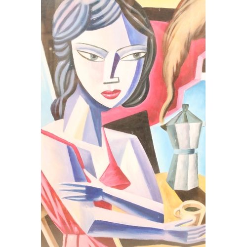 456 - Cubist oil painting portrait of a lady at coffee time, 53cm x 45cm