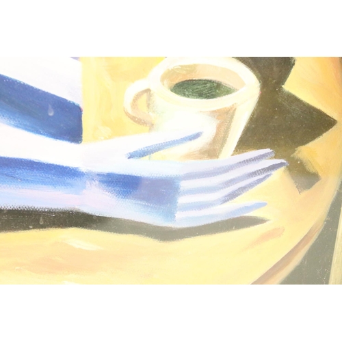 456 - Cubist oil painting portrait of a lady at coffee time, 53cm x 45cm