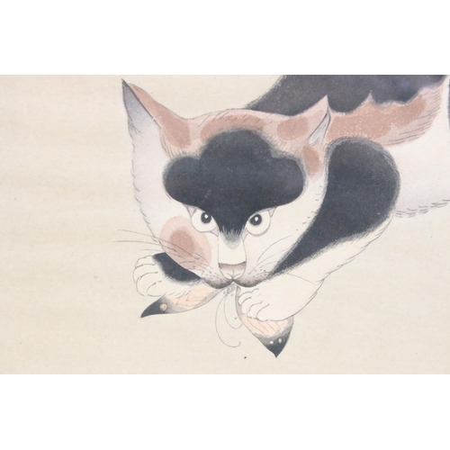 459 - Aoyama Seizan (Active 1930s) framed Japanese woodblock print, cat and butterfly, 27.5cm x 39.5cm