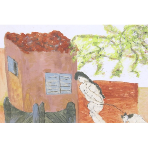 462 - Isobel Maclead mixed method on board of a girl with dog beside a dwelling, 29cm x 41cm