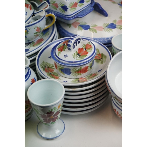 110 - Large French Quimper faience dinner service having a white ground hand painted with floral sprays. T... 