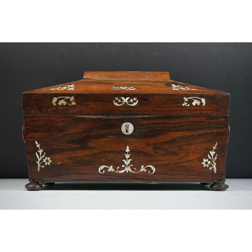 120 - 19th Century sarcophagus tea caddy being inlaid with mother of pearl floral sprays opening to reveal... 