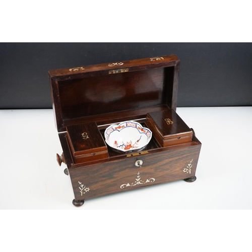 120 - 19th Century sarcophagus tea caddy being inlaid with mother of pearl floral sprays opening to reveal... 