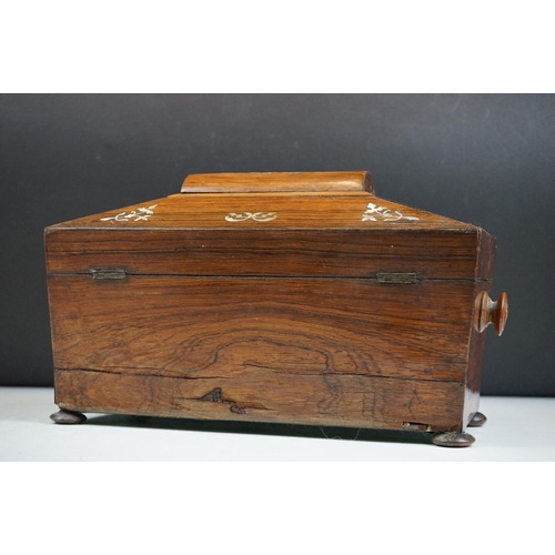 120 - 19th Century sarcophagus tea caddy being inlaid with mother of pearl floral sprays opening to reveal... 